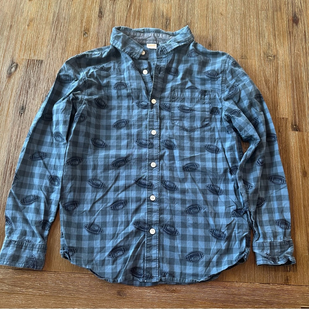 3/20$ Gymboree Blue Checkered Kids Shirt with Football Pattern size L (10-12)